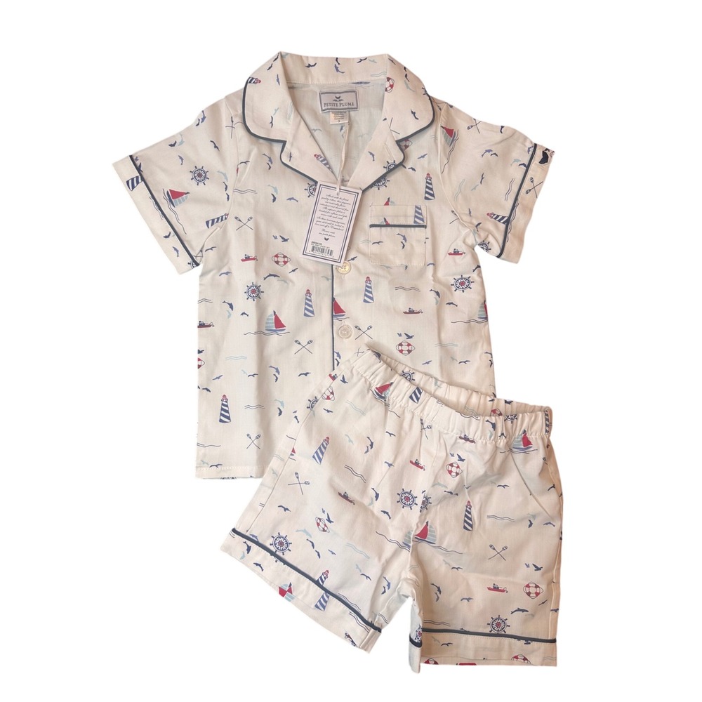 Petite Plume Boys Sail Away Short Set Pajamas Nautical Lighthouse White Size 3